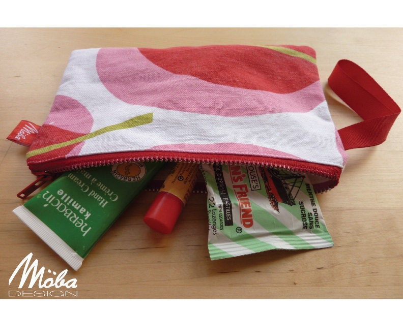 Zippered Pouch, Lined Red Zippered Bag with Pink and Red Leaf Pattern and Red Strap