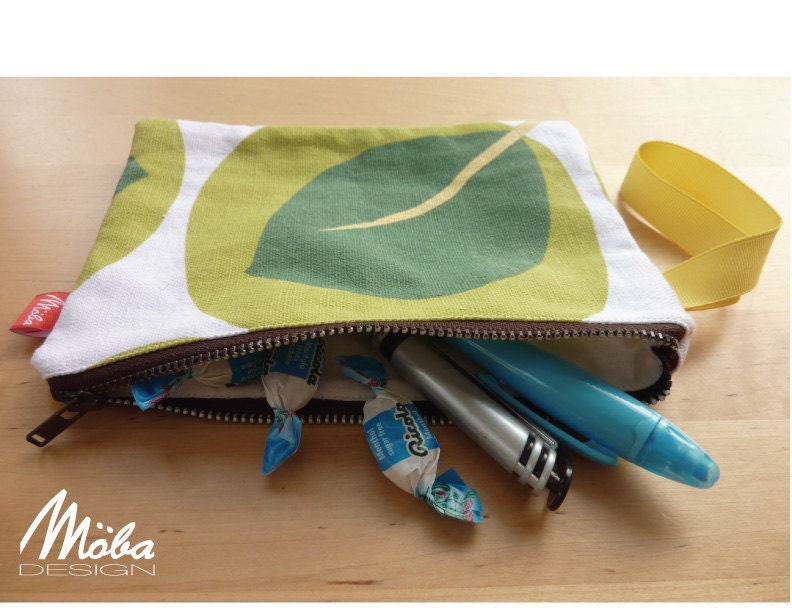 Zippered Pouch, Lined Brown Zippered Bag with White and Green Leaf Pattern and Yellow Strap