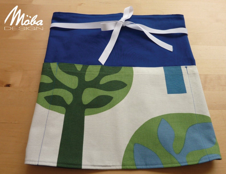 Chef Waist Apron, Blue with White Tree Pattern and White Ribbon Tie