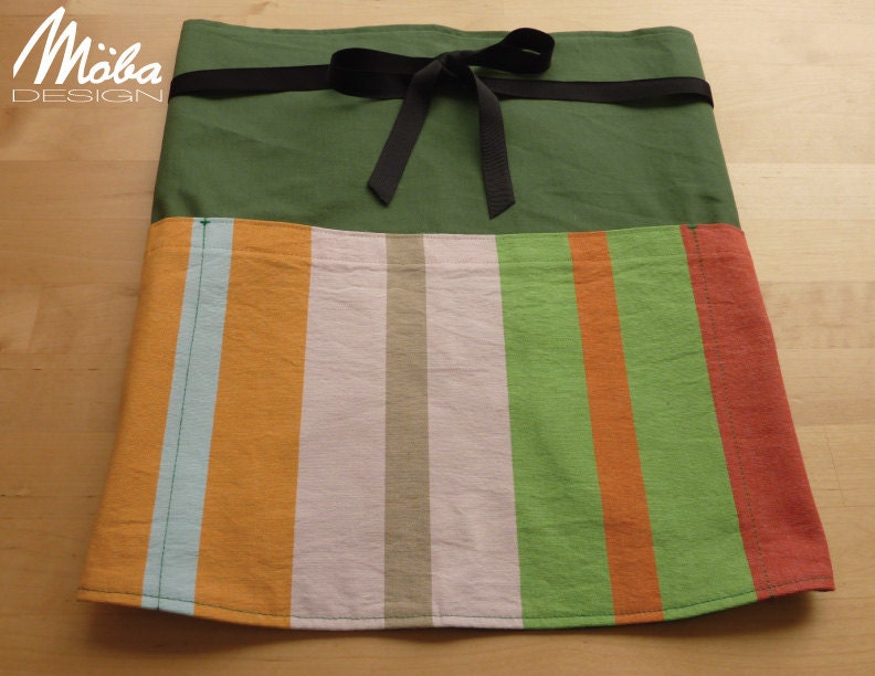 Chef Waist Apron, Forest Green with Multicoloured Wide Stripe with Black Ribbon Tie