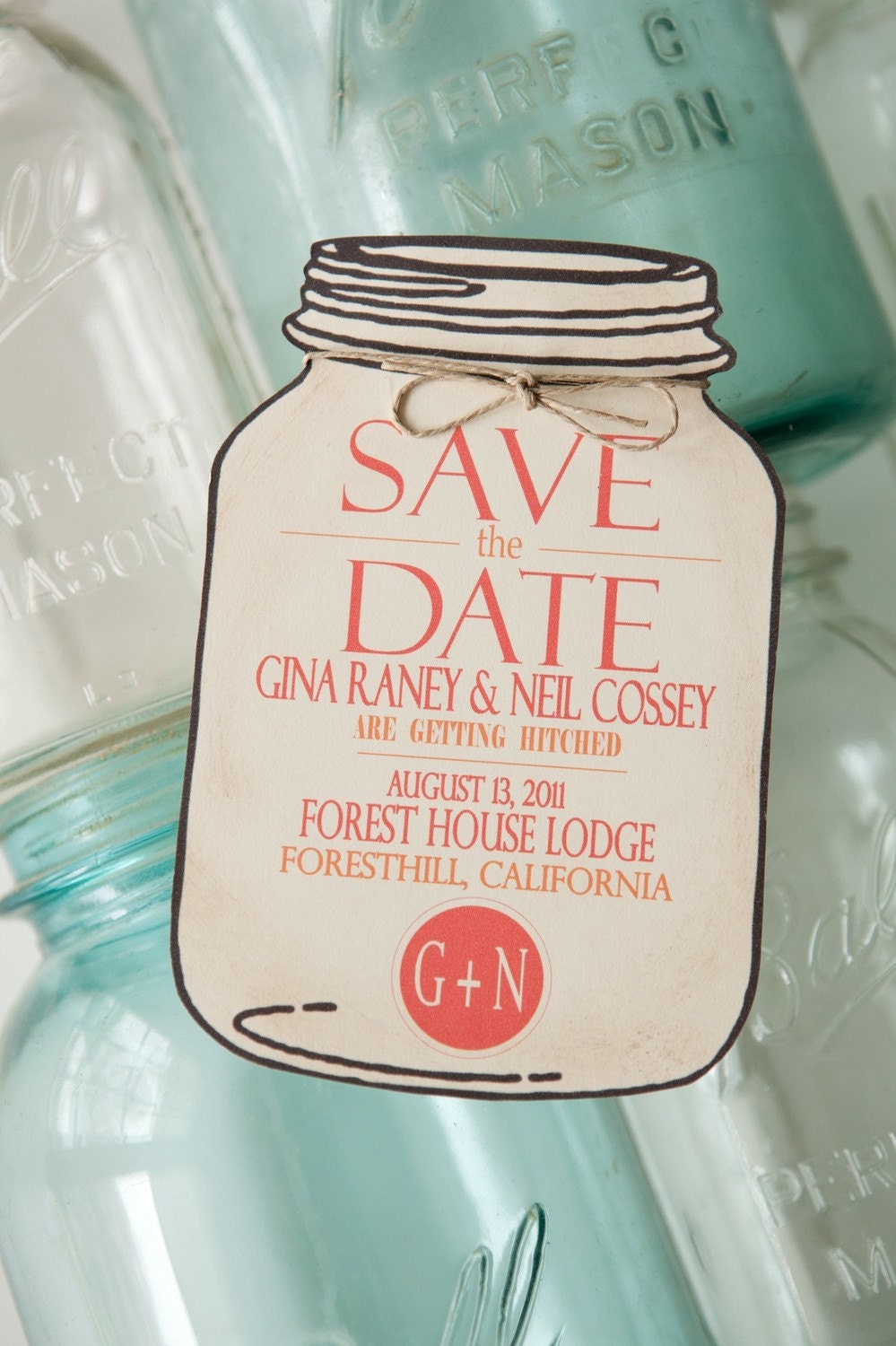 Mason Jar Save the Date for wedding invitations (envelope included)
