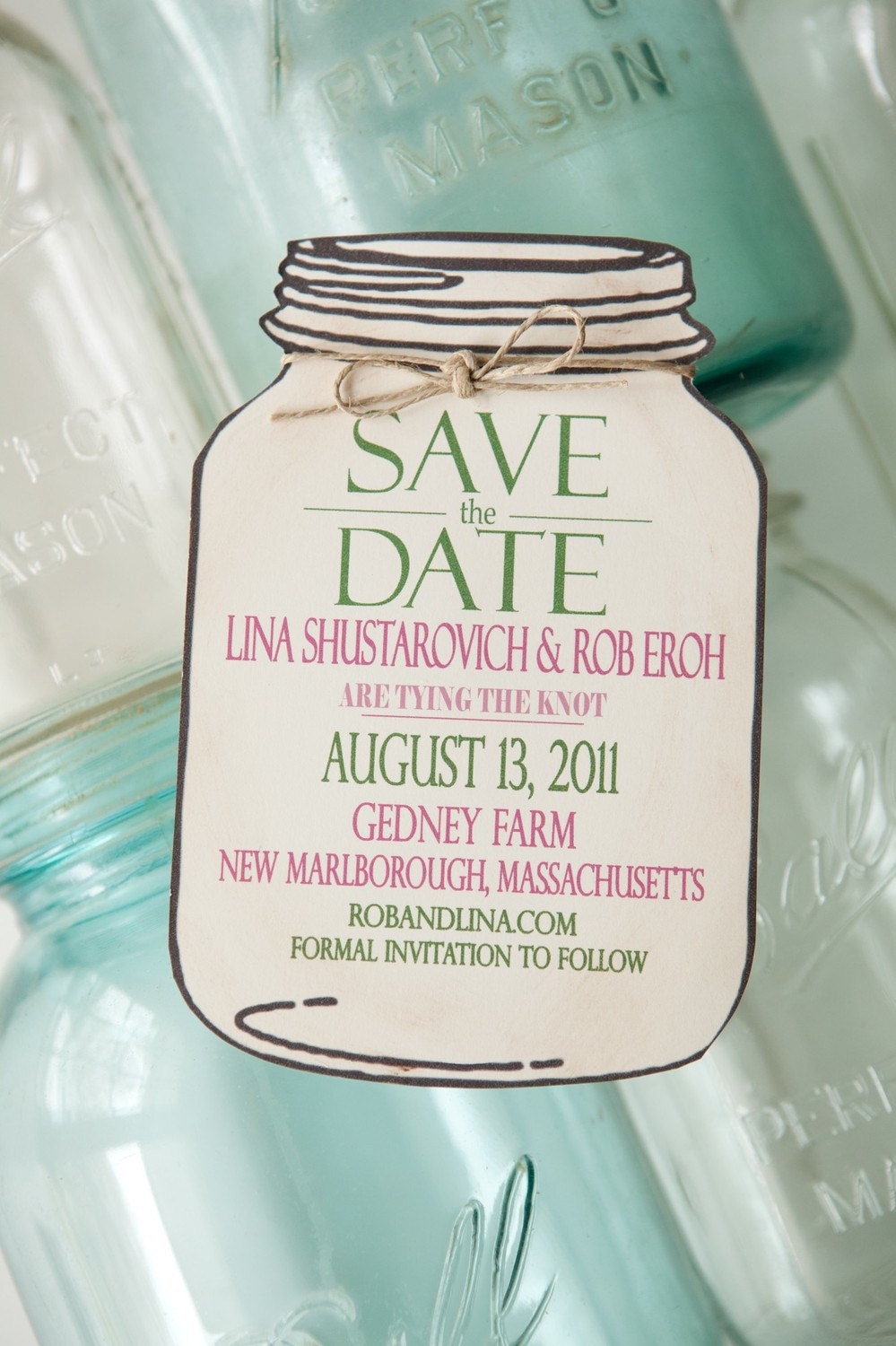 Mason Jar Save the Date for wedding invitations (envelope included)