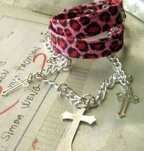 Gothic Punk DUO Chocker Cuff Sv Canvas pink leopard