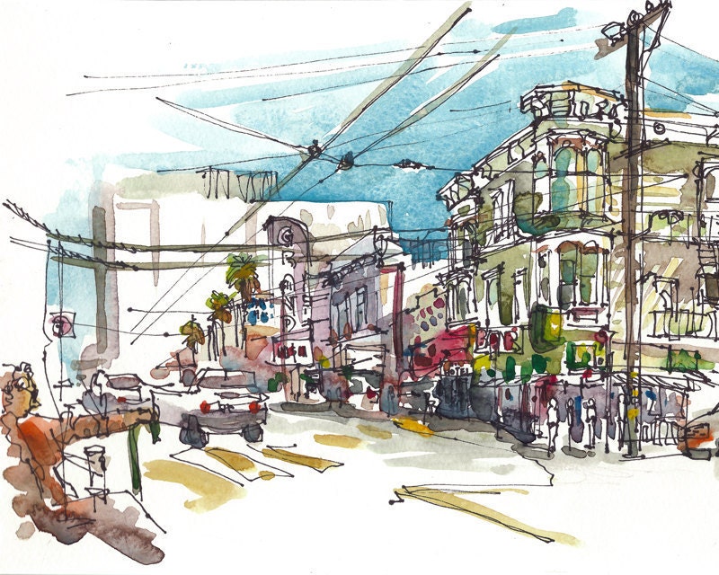 San Francisco Mission California urban watercolor sketch - 8x10 print from an original watercolor sketch