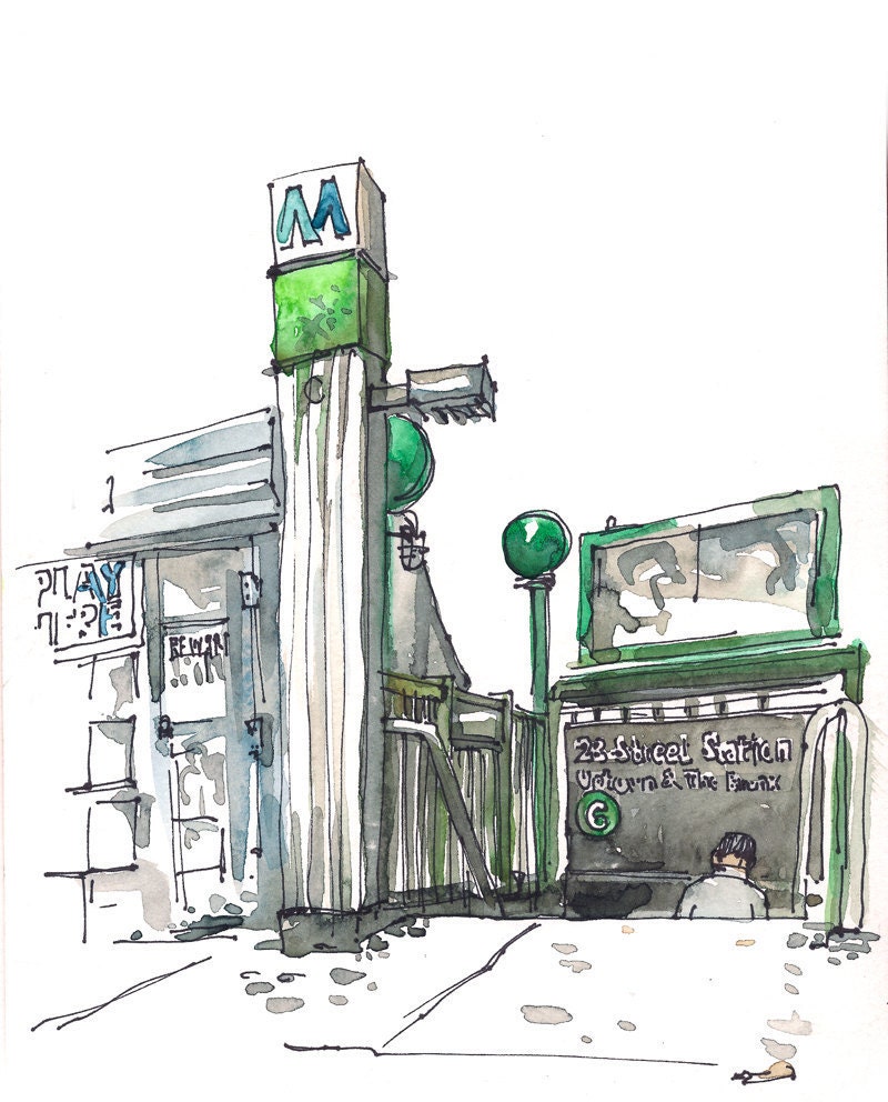 New York Sketch Subway Sign - 8x10 print from an original watercolor pen and ink sketch