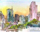 Hong Kong skyline, Morning Light, A pink, blue, yellow and orange watercolor sketch  Travel Sketch - 8x10 art print