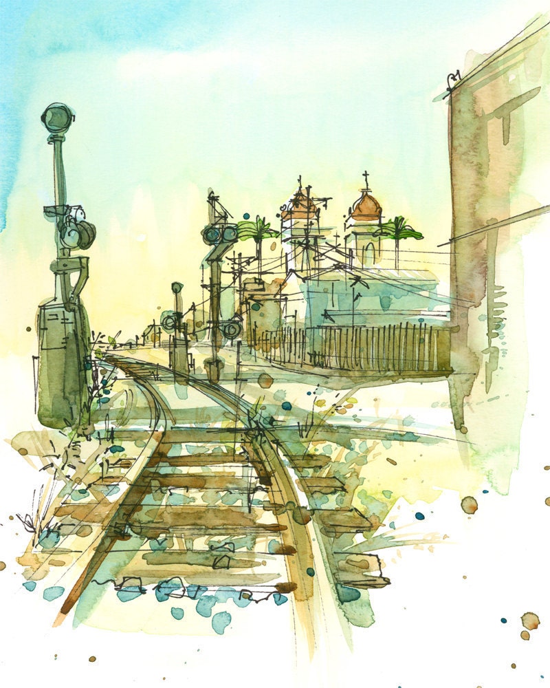 Railroad Tracks, An Urban Sketch - 8x10 print in ochre, teal blue, brown mustard and gold