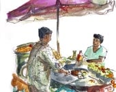 India Street Food Vendor, gift for traveler - 8x8 print from an original watercolor sketch
