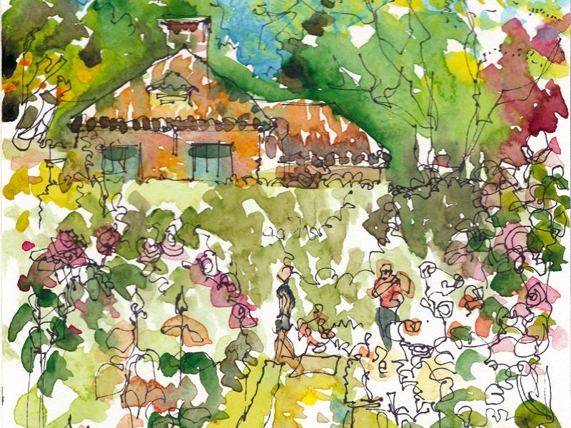 Rose Garden in bloom, a watercolor sketch in reds and greens  - 8x10 print