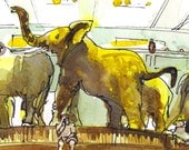 Elephants at the Museum, New York City, a taxidermy sketch in yellow, brown and neutrals - 8x10 print