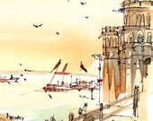 India, Varanasi, Afternoon Light on the River, watercolor sketch in warm tones 8x10 print for the world traveler