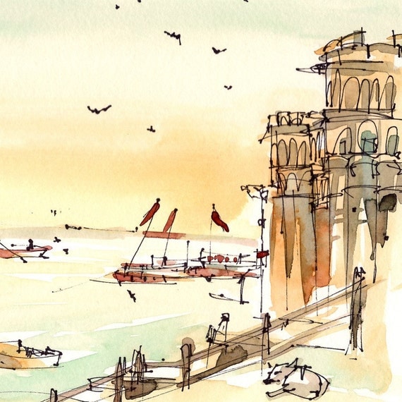 India, Varanasi, Afternoon Light on the River, watercolor sketch in warm tones 8x10 print for the world traveler