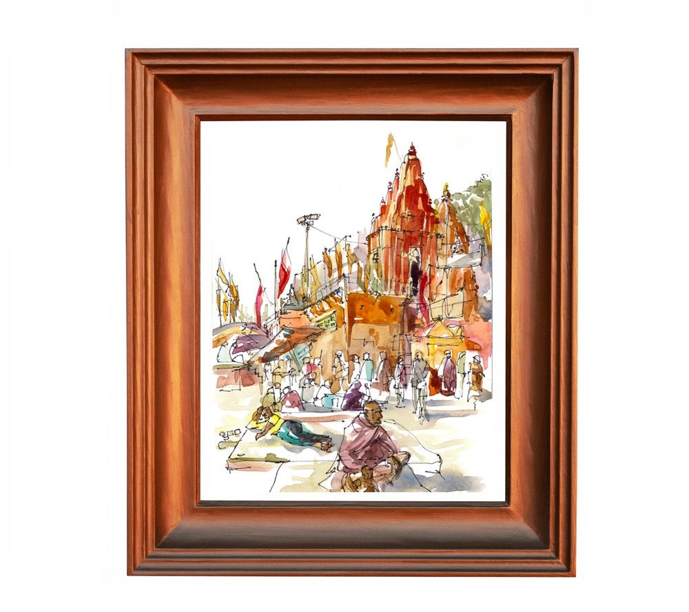 India Varanasi temple sketch for the traveler - 8x10 print from an original watercolor sketch
