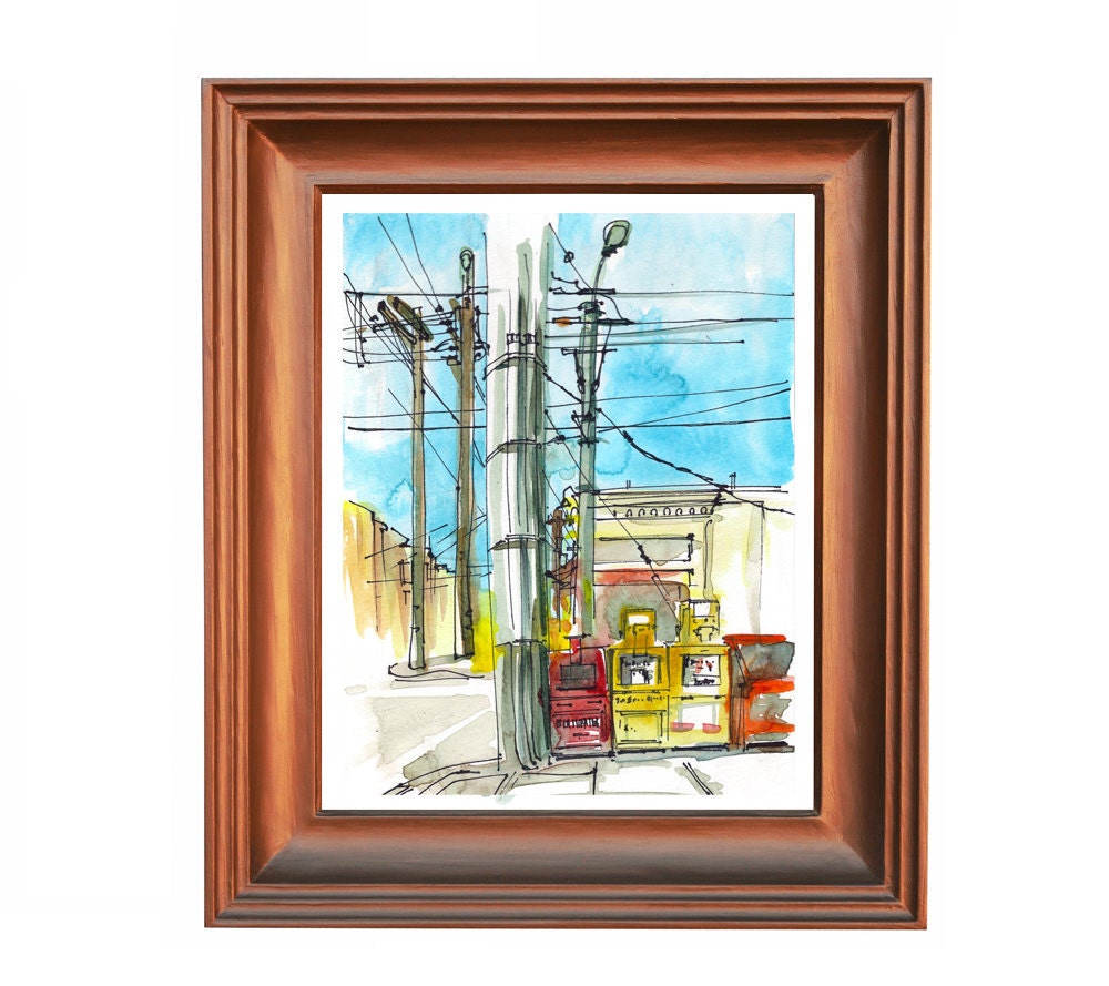 San Francisco Watercolor Sketch, Power Lines and Newspaper Dispensers, Urban travel sketch- 8x10 print