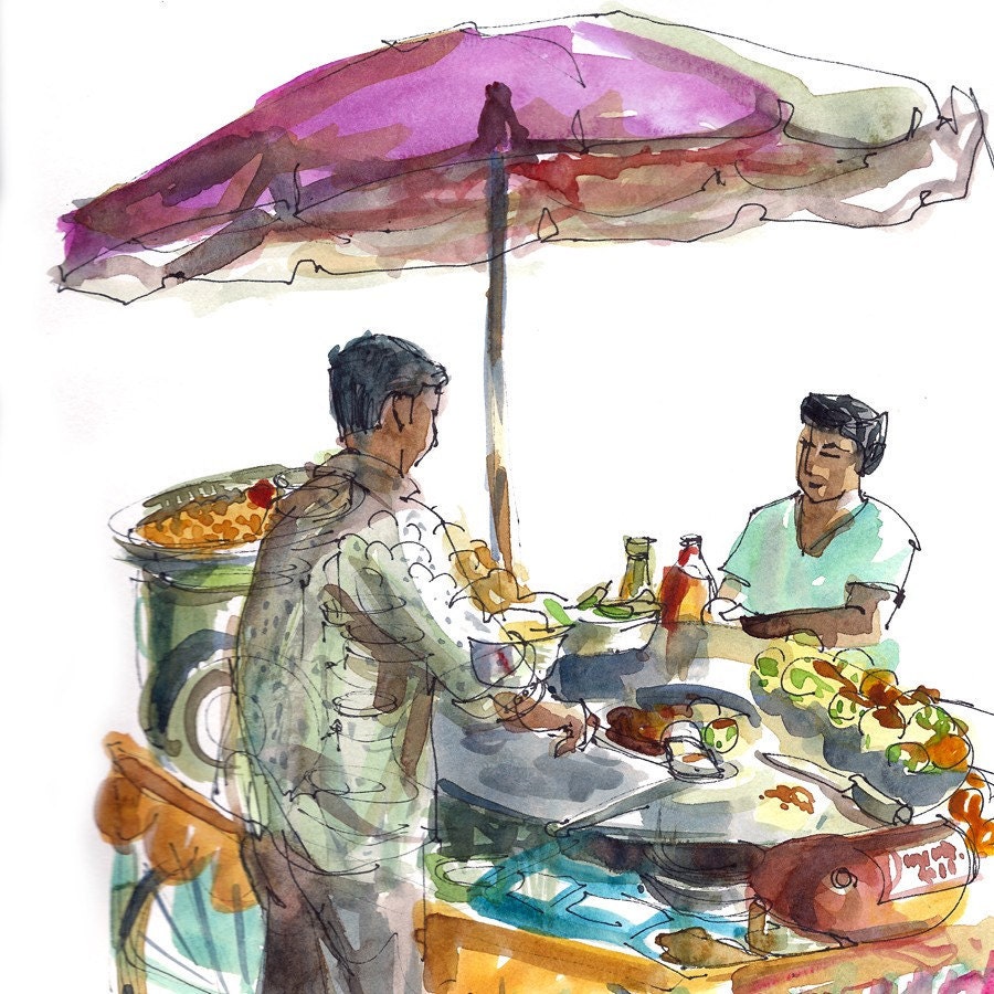 India Street Food Vendor, gift for traveler - 8x8 print from an original watercolor sketch