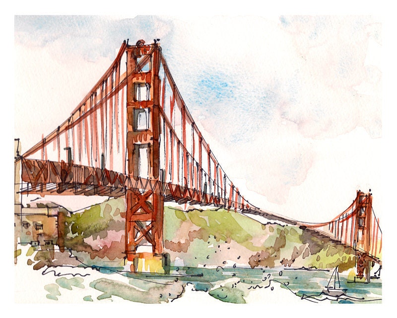 San Francisco Golden Gate Bridge, California 8x10 print of a watercolor sketch