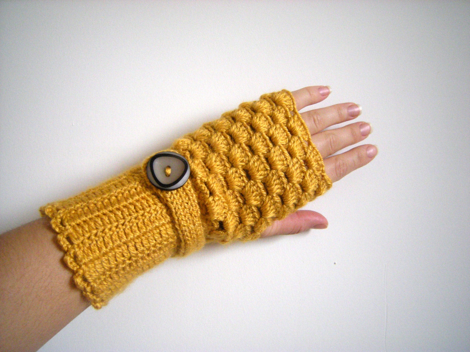 Autumn Gold Arm Warmers, Mustard Yellow Fingerless Gloves Women Crochet - vintageniltb