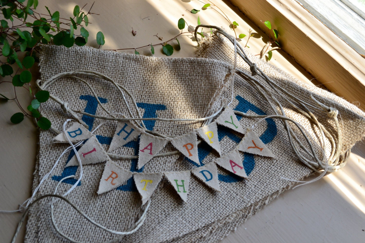 Happy Birthday Cake Topper Baker Banner in tea dyed cotton.