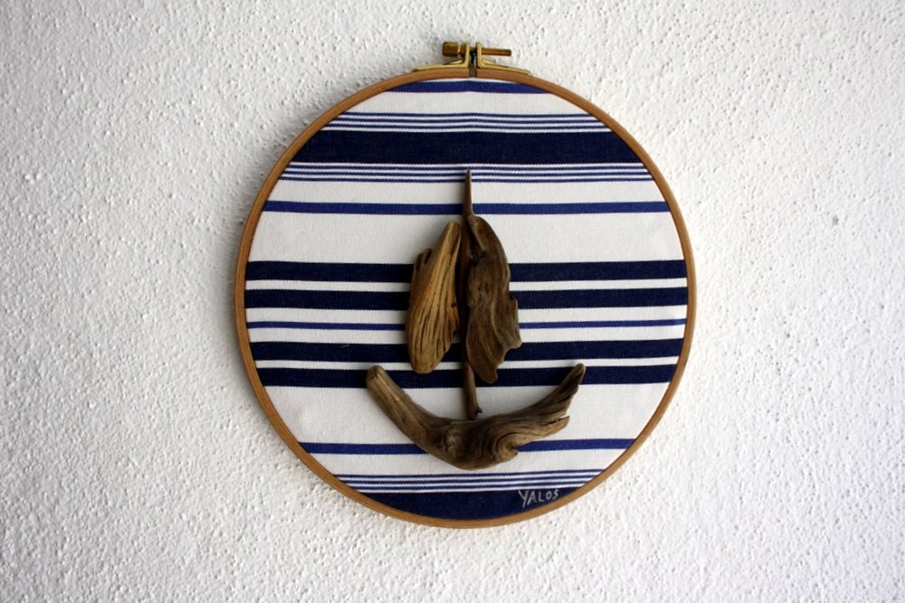 driftwood sailboat embroidered hoop art...23 cm...mixed media...on blue/white striped fabric...maritime and nautical art