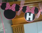 Birthday Banner Hot Pink Minnie Mouse Ears Happy Birthday  Matching Pom Poms Available