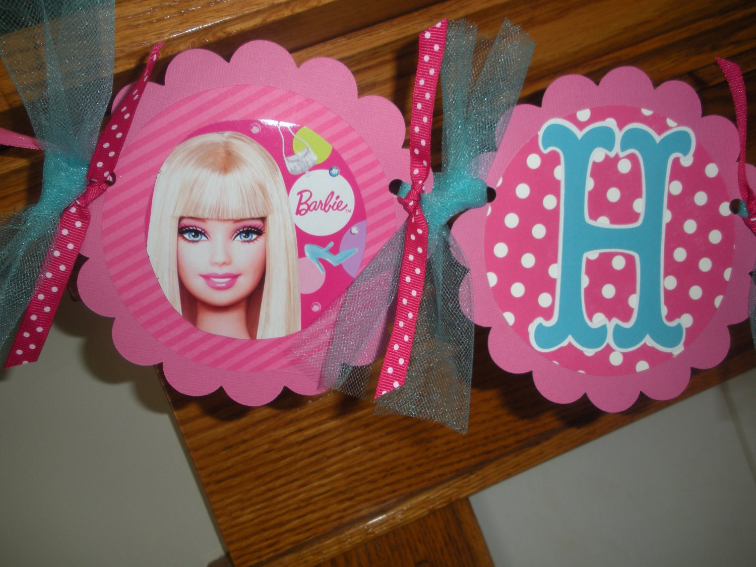 Barbie Hot Pink and Turquoise Happy Birthday Banner Matching Tissue Pom Poms Available
