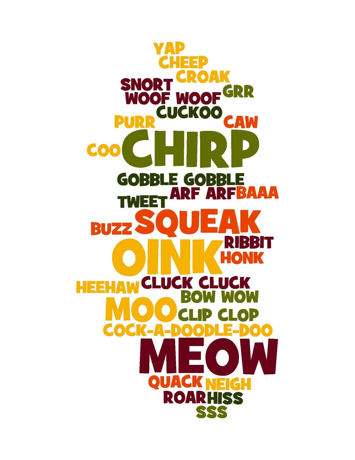 Word Collage Art Print - Animal Sounds - 8x10
