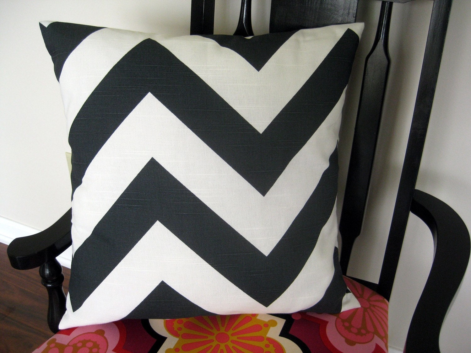 One Black and White Chevron Stripe Pillow