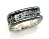 Mens SteamPunk Nuts and Bolts Black Silver Ring - Handmade