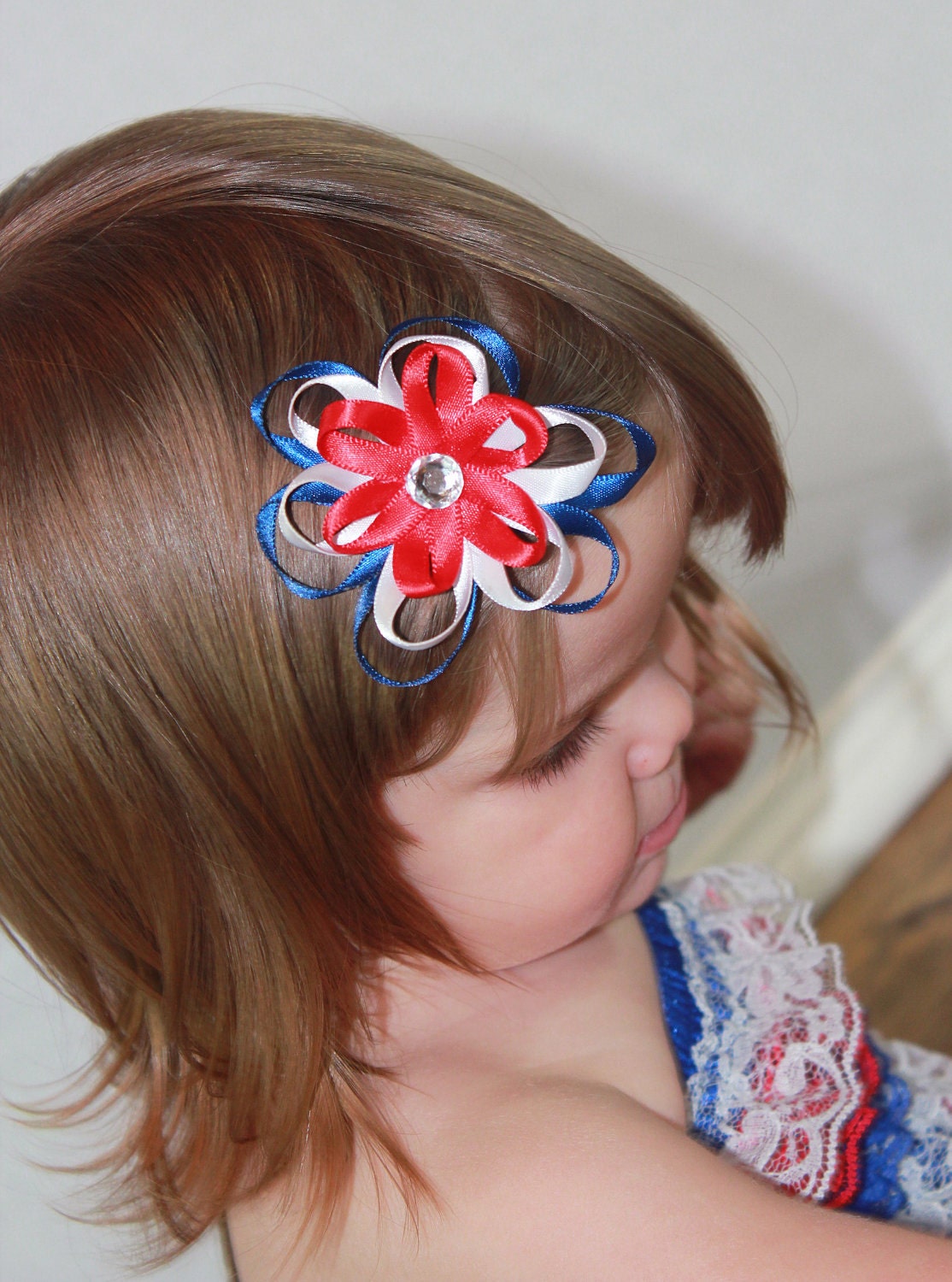 Layered 3" Flower Hair Clip Bow Clippie Patriotic July 4th Red White Navy Blue