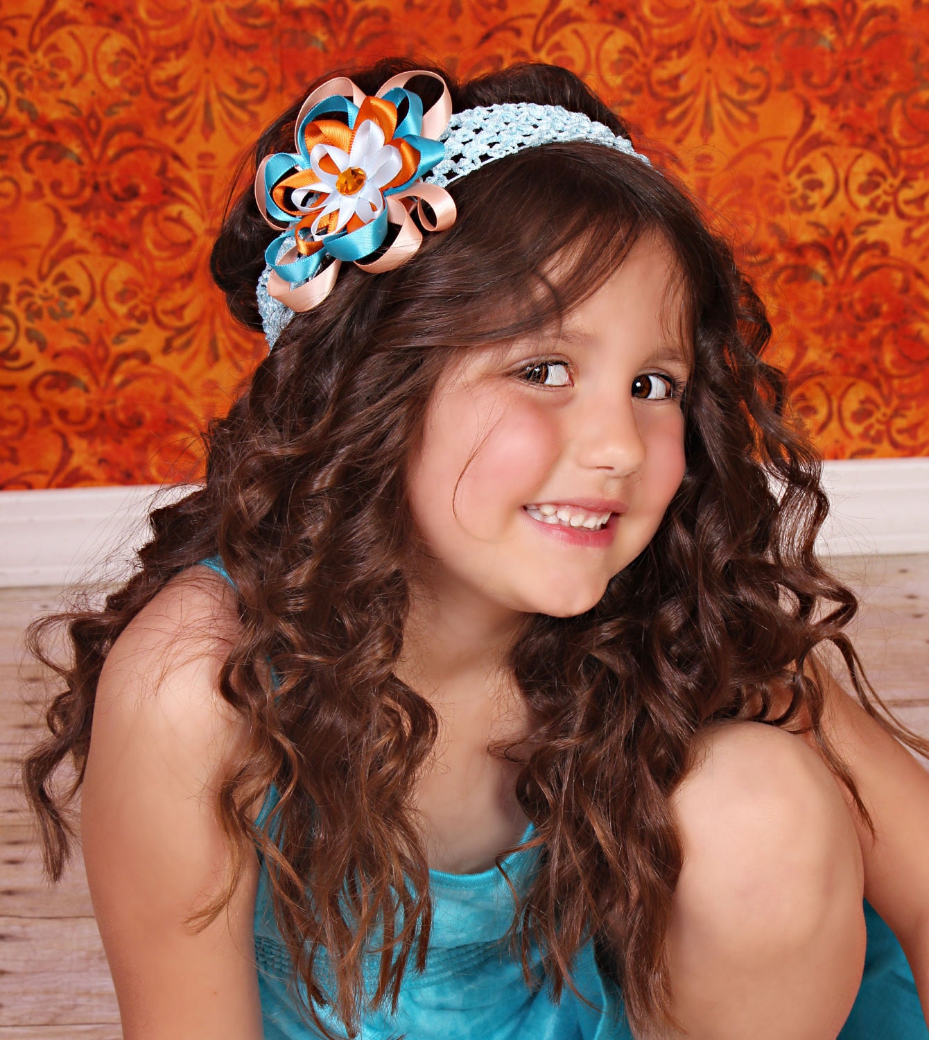 Peach, Turquoise, Light Blue, orange 4" Flower Hair Clip Bow Crochet Headband