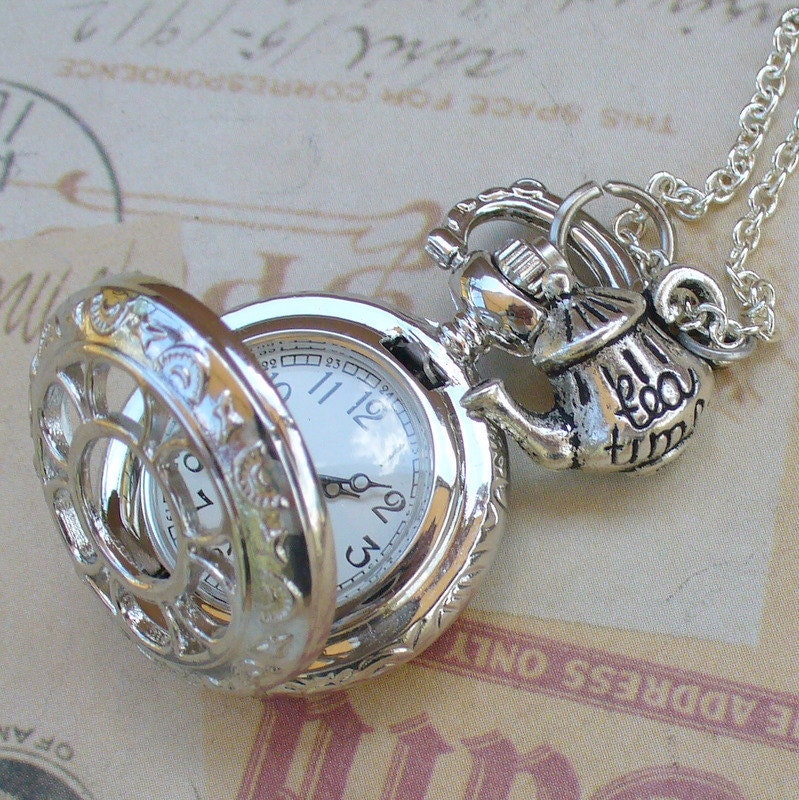 Alice in Wonderland Steampunk pocket WATCH necklace pendant charm locket TEA TIME-- never late for your T E A