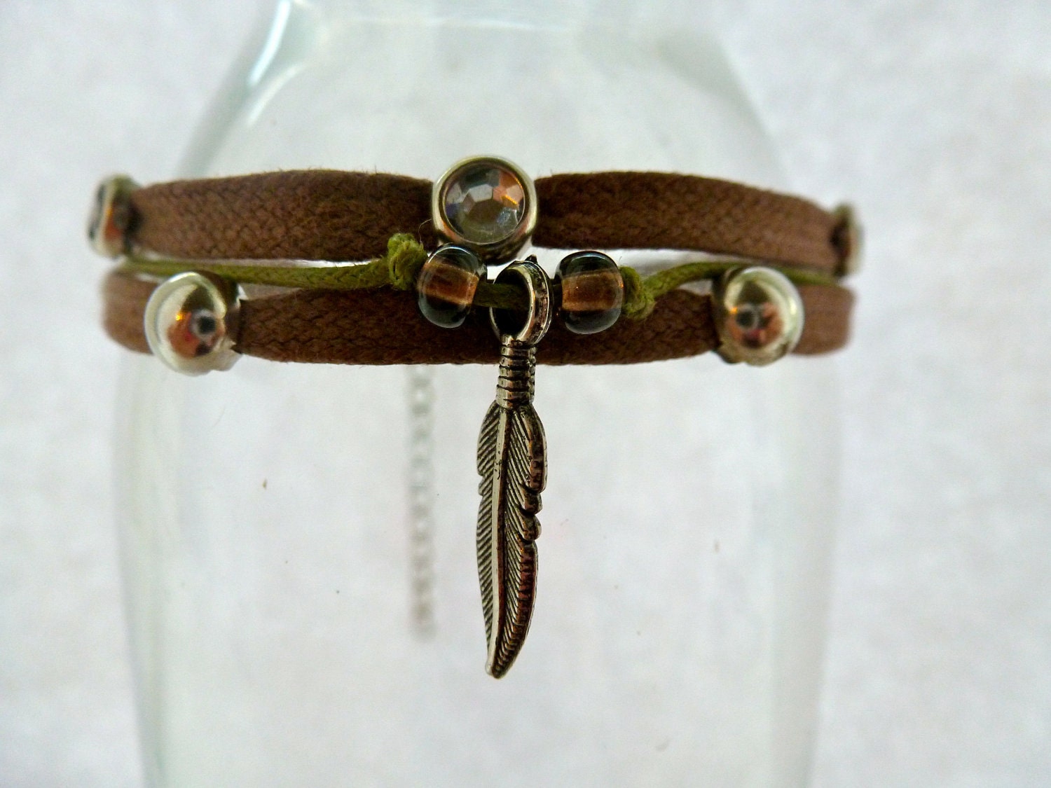 Multi Stack Feather Bracelet: Silver Rhinestone Studs, Friendship Bracelet, Charm, Multi, Layering.