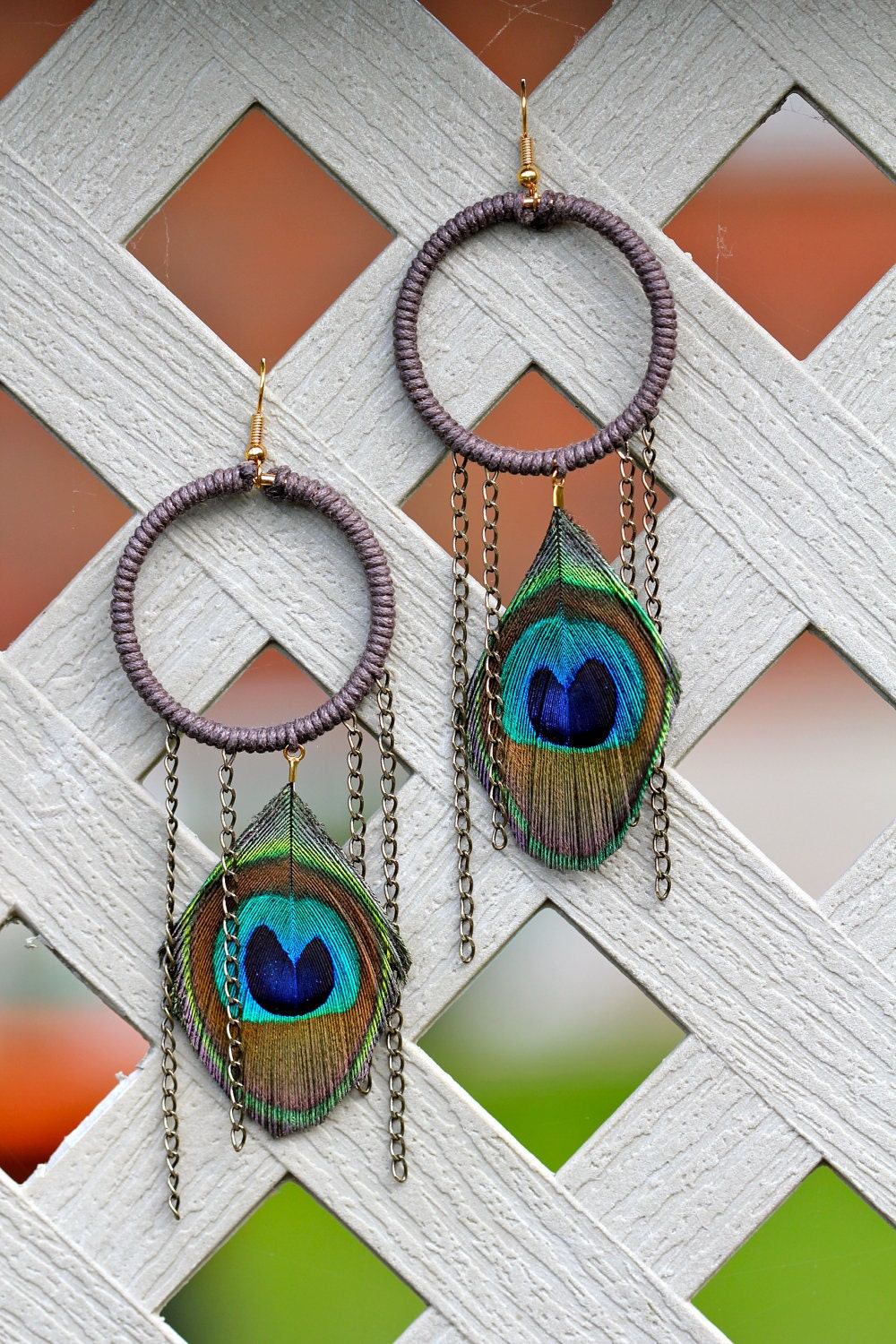 Bohemian Peacock Feather Hoop Earrings: Cotton Wrapped Hoops with Chain Accents