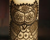 Henna Candle with a cute Henna Owl and Stars, yellow pillar candle