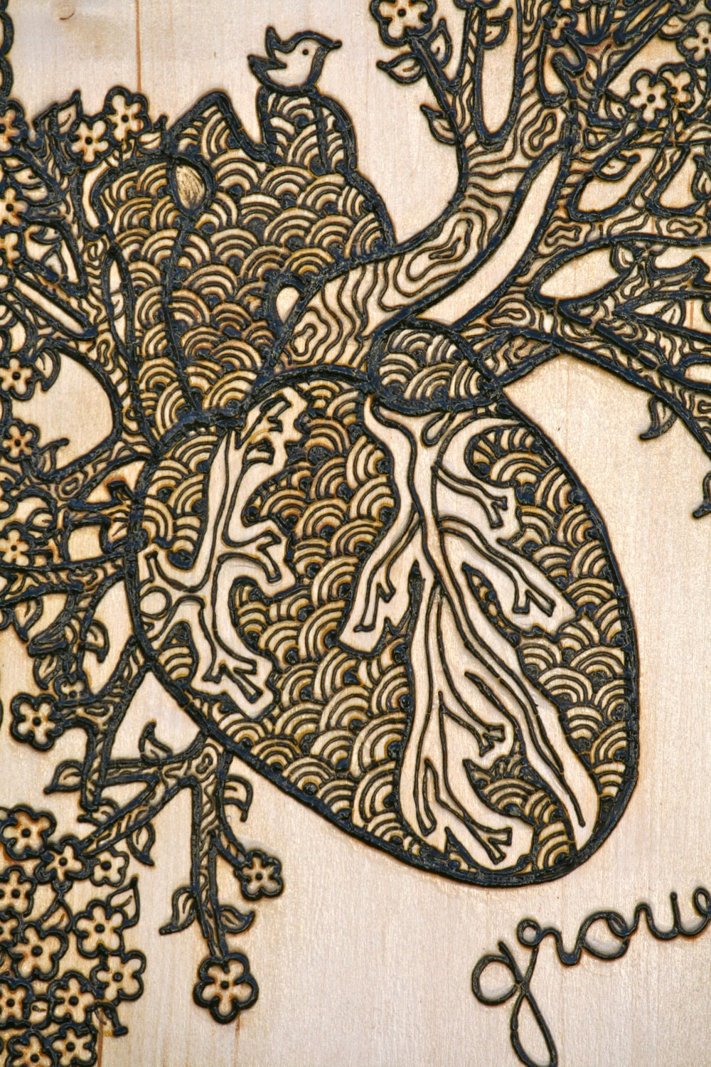 Henna Anatomical Heart On a Wood Slice
