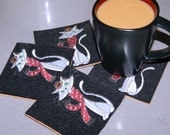 Retro 50s Cat Embroidered coaster set of 4 MTCoffinz --- ready to ship