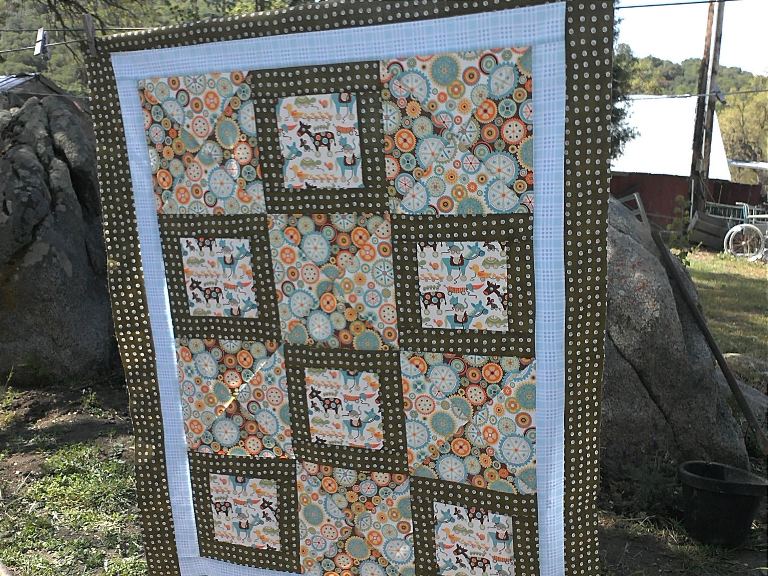 DARLING BABY QUILT, pull toys,horse, cow,ducks.Great for anyone.