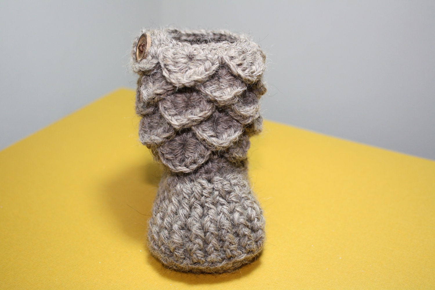 Alpaca Crochet Baby Booties, 0-6 or 6-12 months, Made to Order, Premium Alpaca rose grey yarn, quality wood buttons, Heirloom