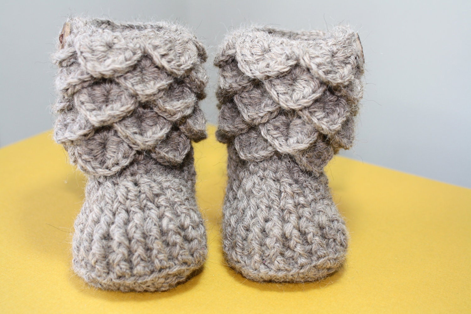 Alpaca Crochet Baby Booties, 0-6 or 6-12 months, Made to Order, Premium Alpaca rose grey yarn, quality wood buttons, Heirloom