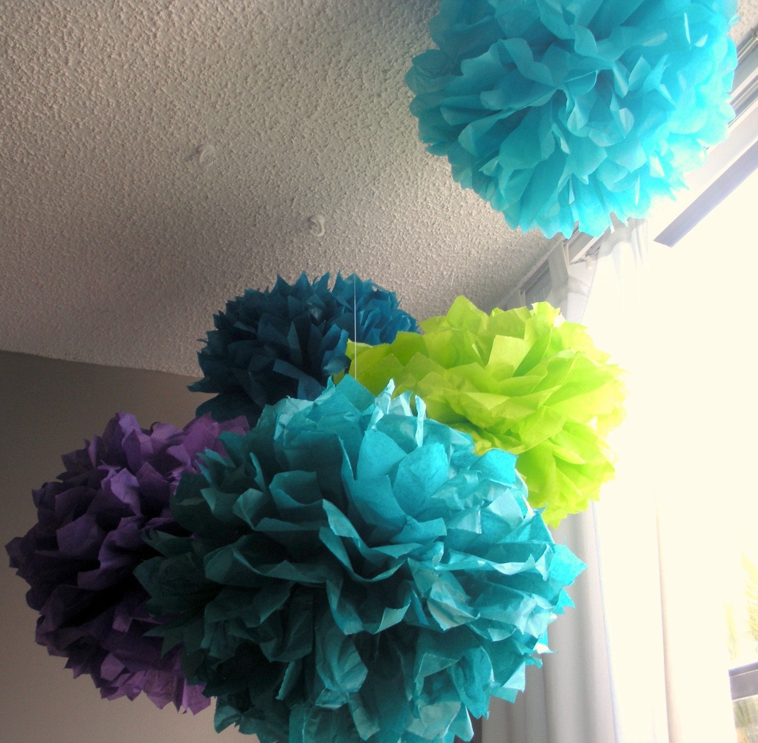 tissue pom poms...peacock party...or pick your own colors...5 pom poms...