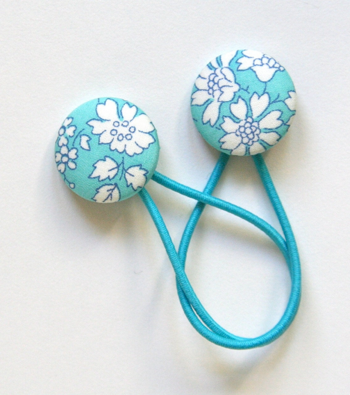Liberty of London Covered Button Hair Ties on Snagless Elastics - Medium Pair of Aqua Blue Classic Floral