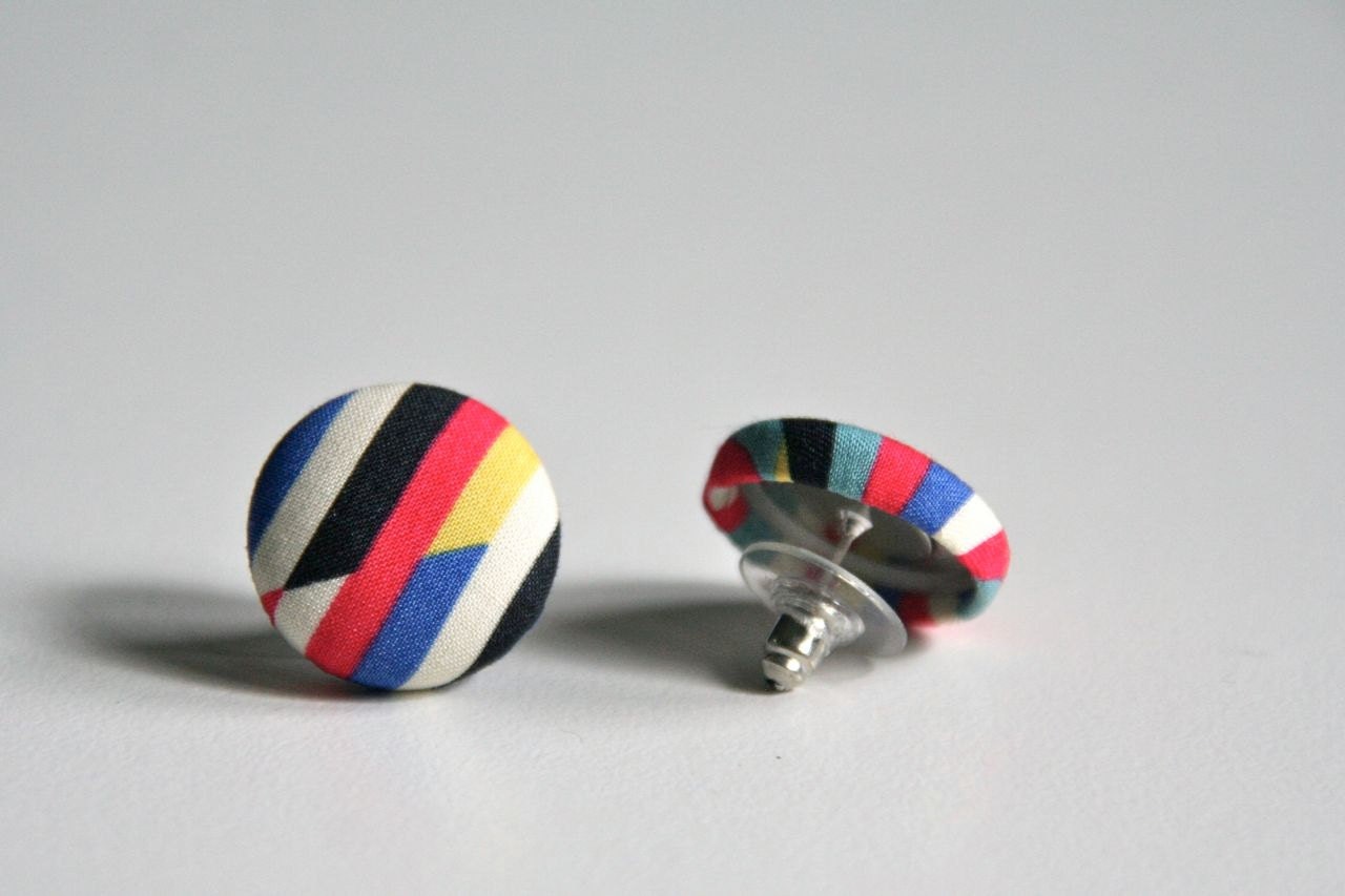 Geometric Bright Ear Studs (Earrings) - Liberty of London Cotton Tana Lawn - Red Yellow Blue Black