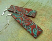 Polymer Clay Jewelry Long Dangle Copper Earrings With Hand Stamped Flower Image Asian Inspired Copper And Turquoise Verdigris Patina