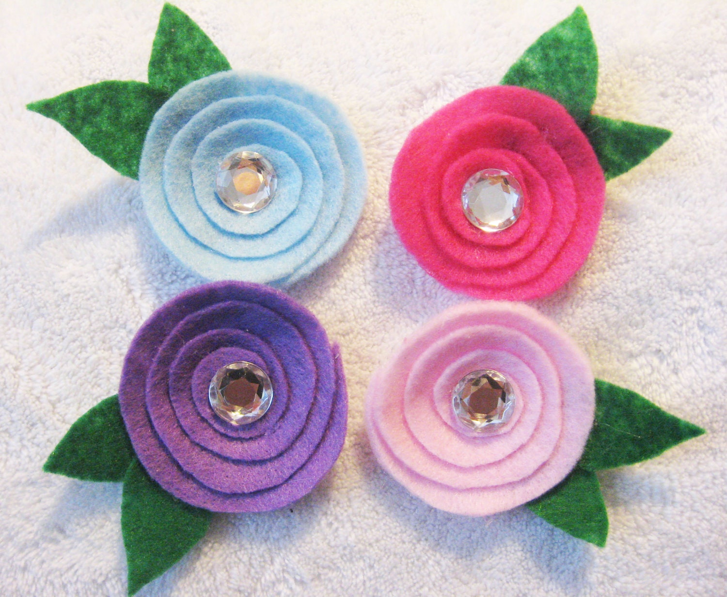 SALE Adorable Felt Rosette Flowers with Acrylic Gem Center - Choose from 4 Colors