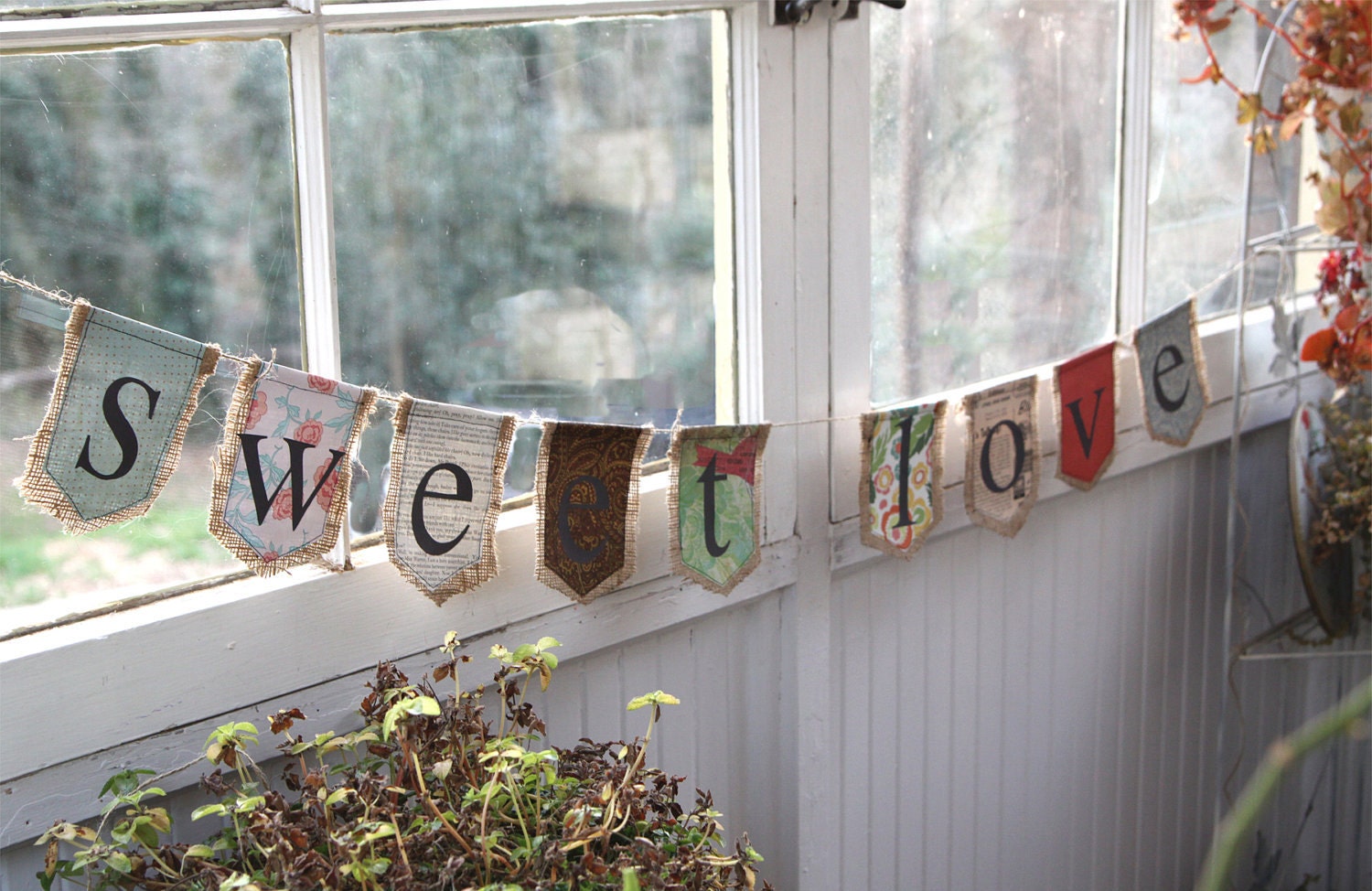 LOVE burlap banner with 2 hearts