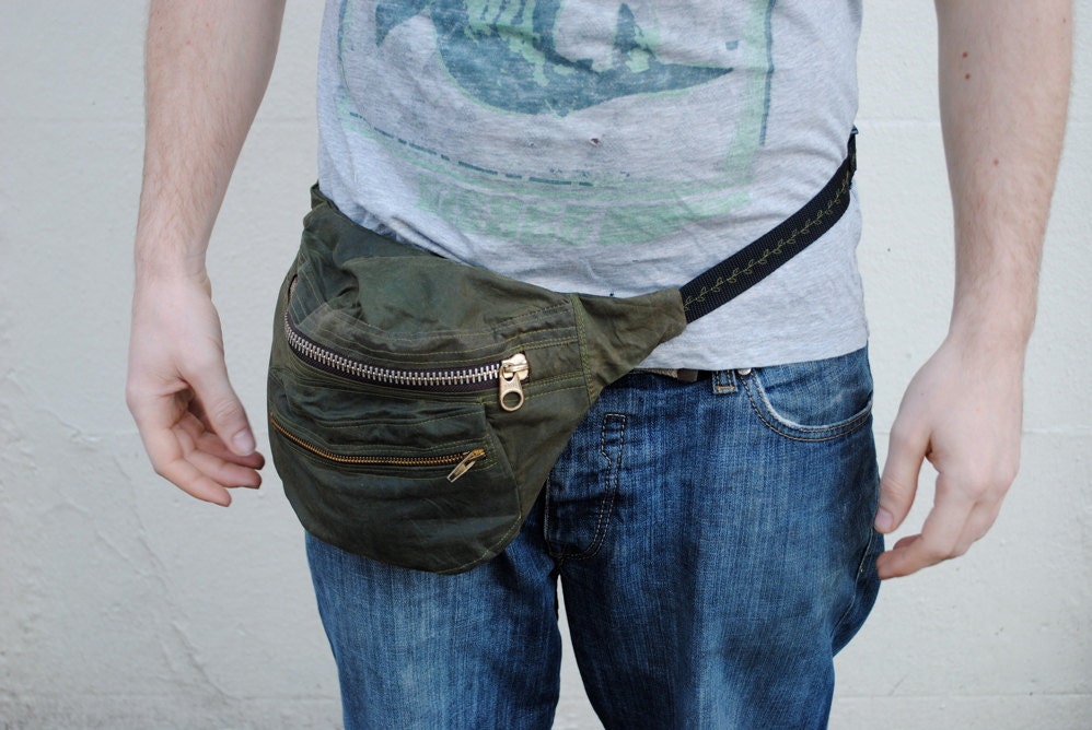 Green VINTAGE BARBOUR jacket re-make.Fanny Pack, bum bag, hip bag or festival bag. WATERPROOF wax cotton belt bag.