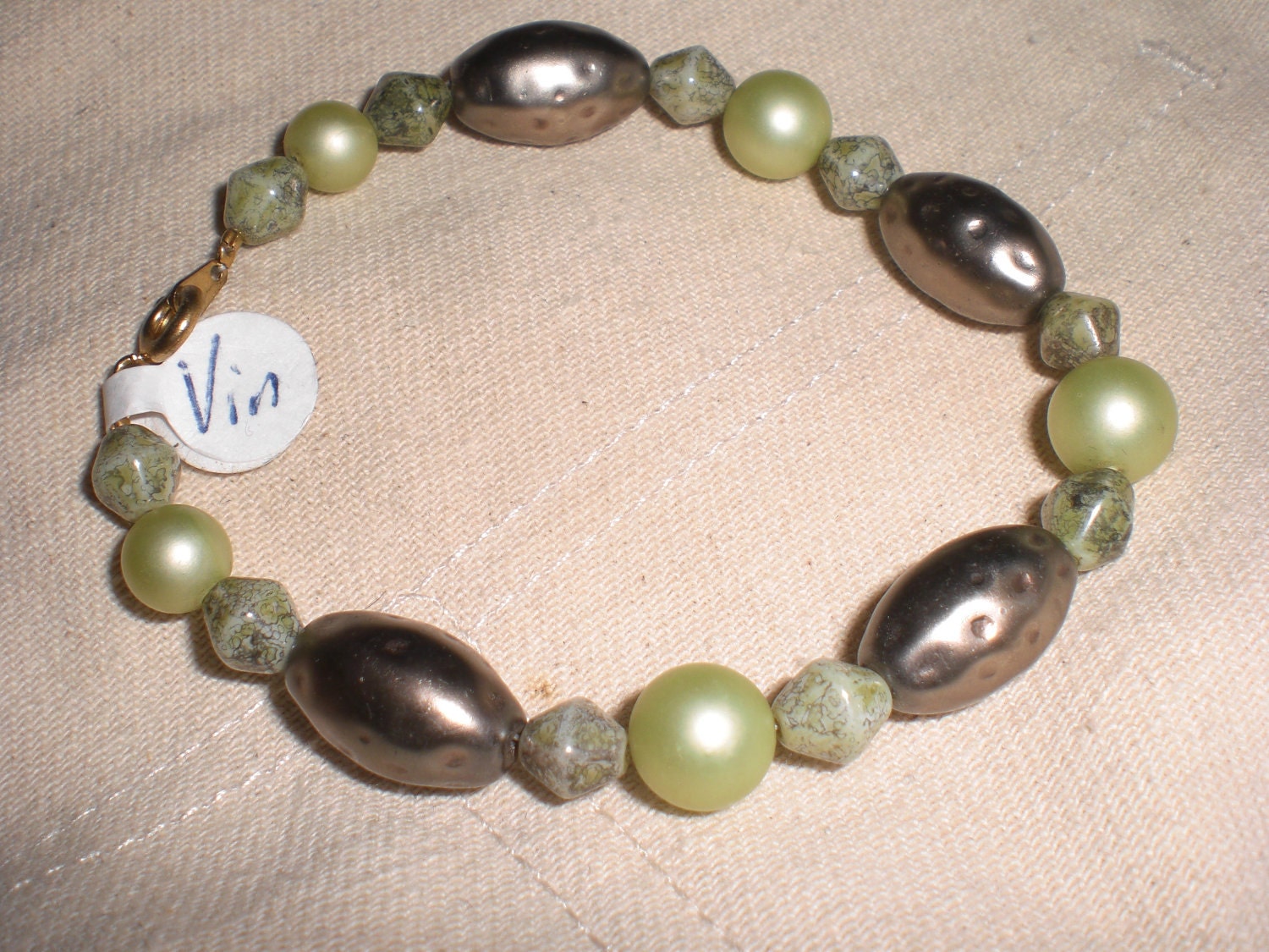 Ooak Upcycled Recycled Repurposed Olive Green Vintage Beaded Bracelet Handmade