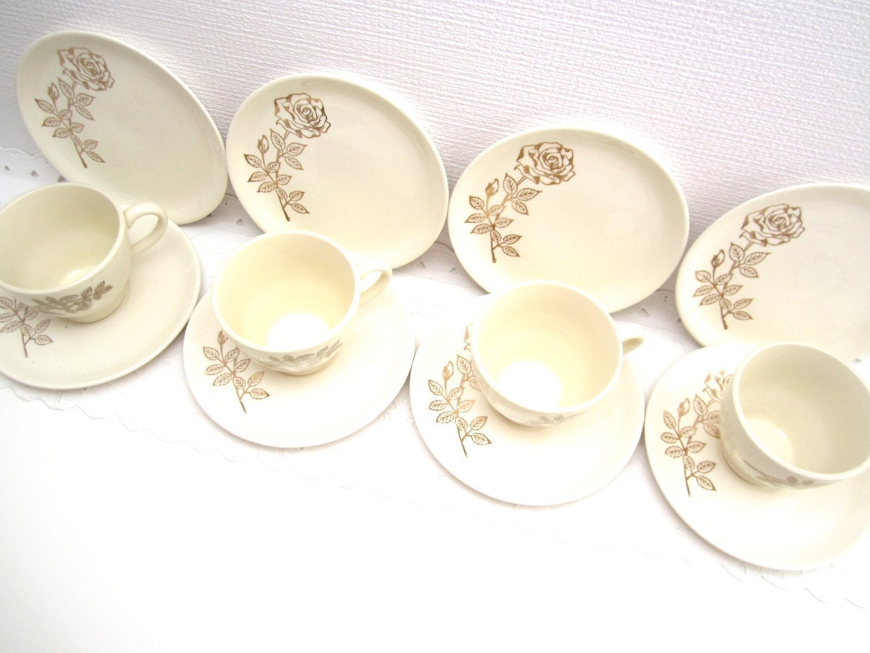 1950s Midcentury Modern Golden Roses Teacup, Saucer, and Dessert Plate Dishes Set for Four, Gold on Ivory Stoneware Ceramic