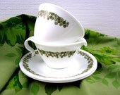 Vintage Corelle Livingware Spring Blossom Stackable Hook Handle Creamer and Sugar Bowl, Avocado Green 1970