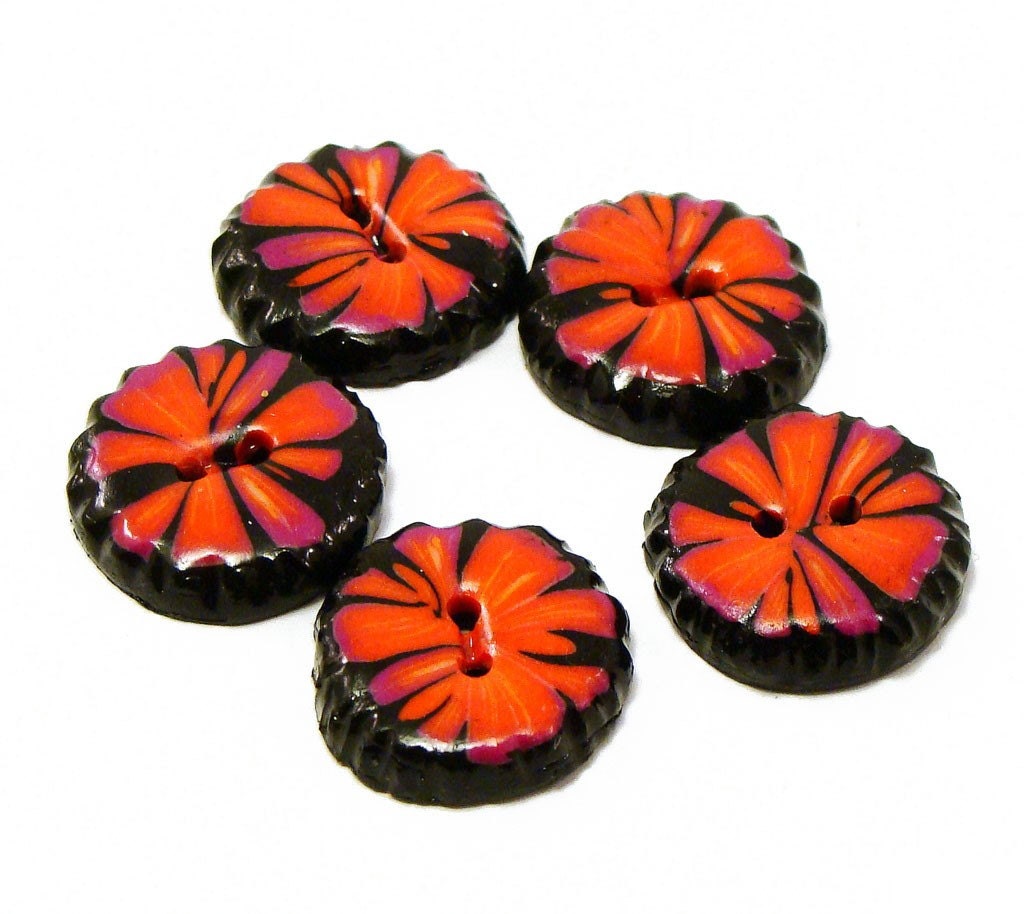 Polymer Clay Buttons flamenco flower red black set of five